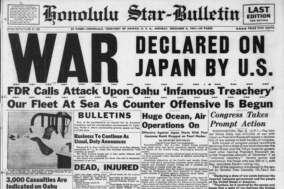 World War II 2 WW2 WWII Newspaper Roosevelt Japan LA Times Pearl top Harbor Authenti