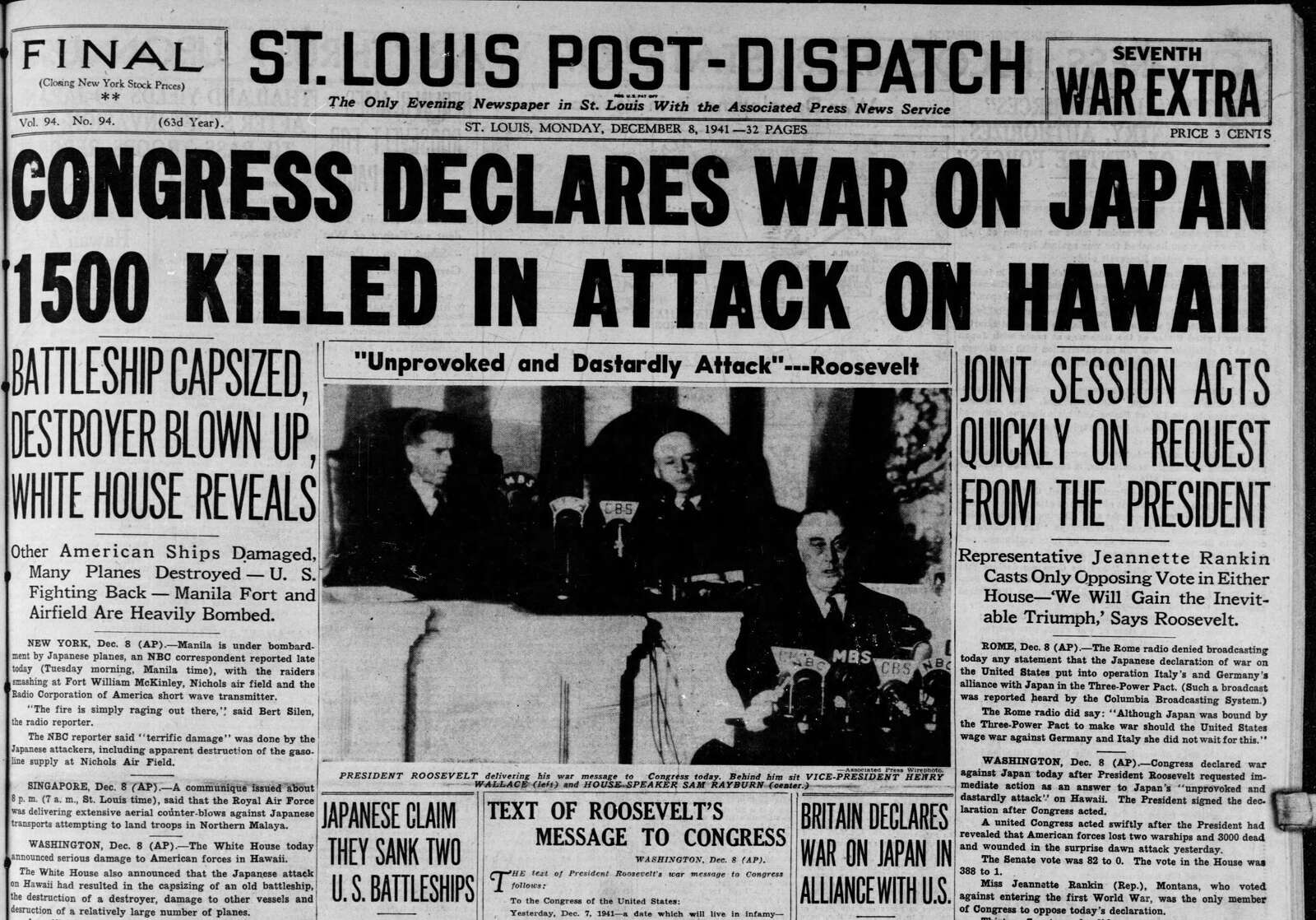 The St. Louis Post-Dispatch front page from December 8, 1941.