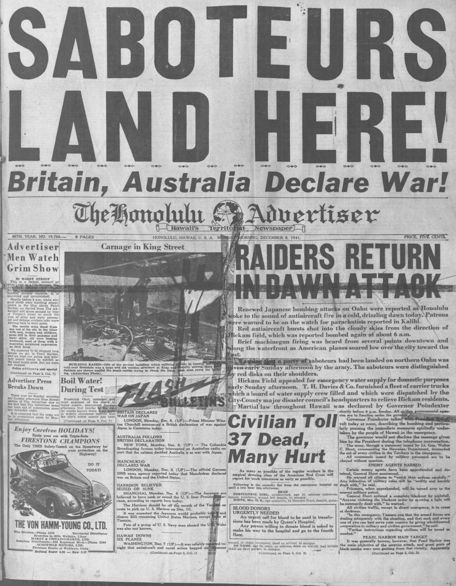 The Honolulu Advertiser front page on December 7, 1941.