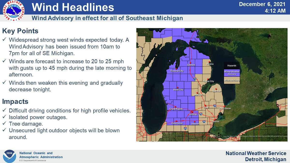 The winds are expected to be accompanied by falling temperatures, leading to wind chill readings dropping into the teens by Monday evening.