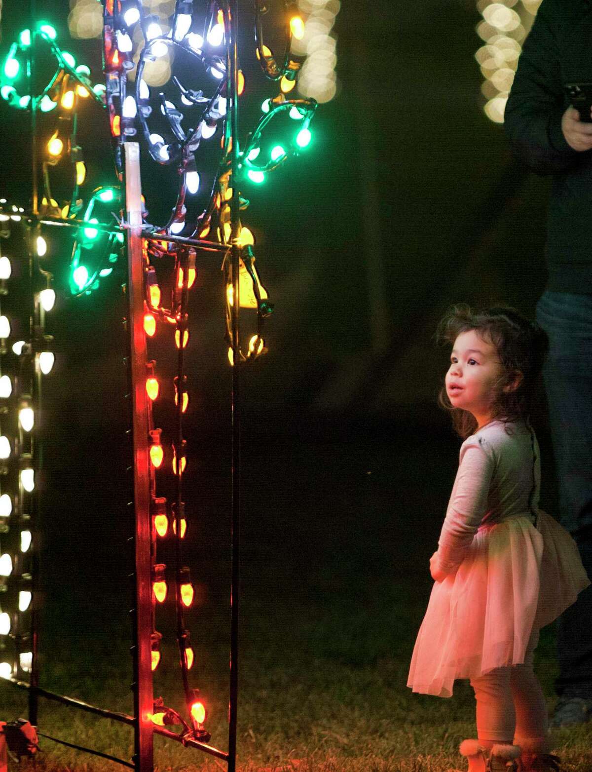 Maisie Kim, 2, of Stamford, gazes at one of the many holiday displays at Stamford's Holiday Stroll at Mill River Park in Stamford, Conn., on Thursday November 2, 2021. Along with the stroll past many holiday lights, there were visits with Santa Claus, live music, carolers, a winter beer garden and food vendors.