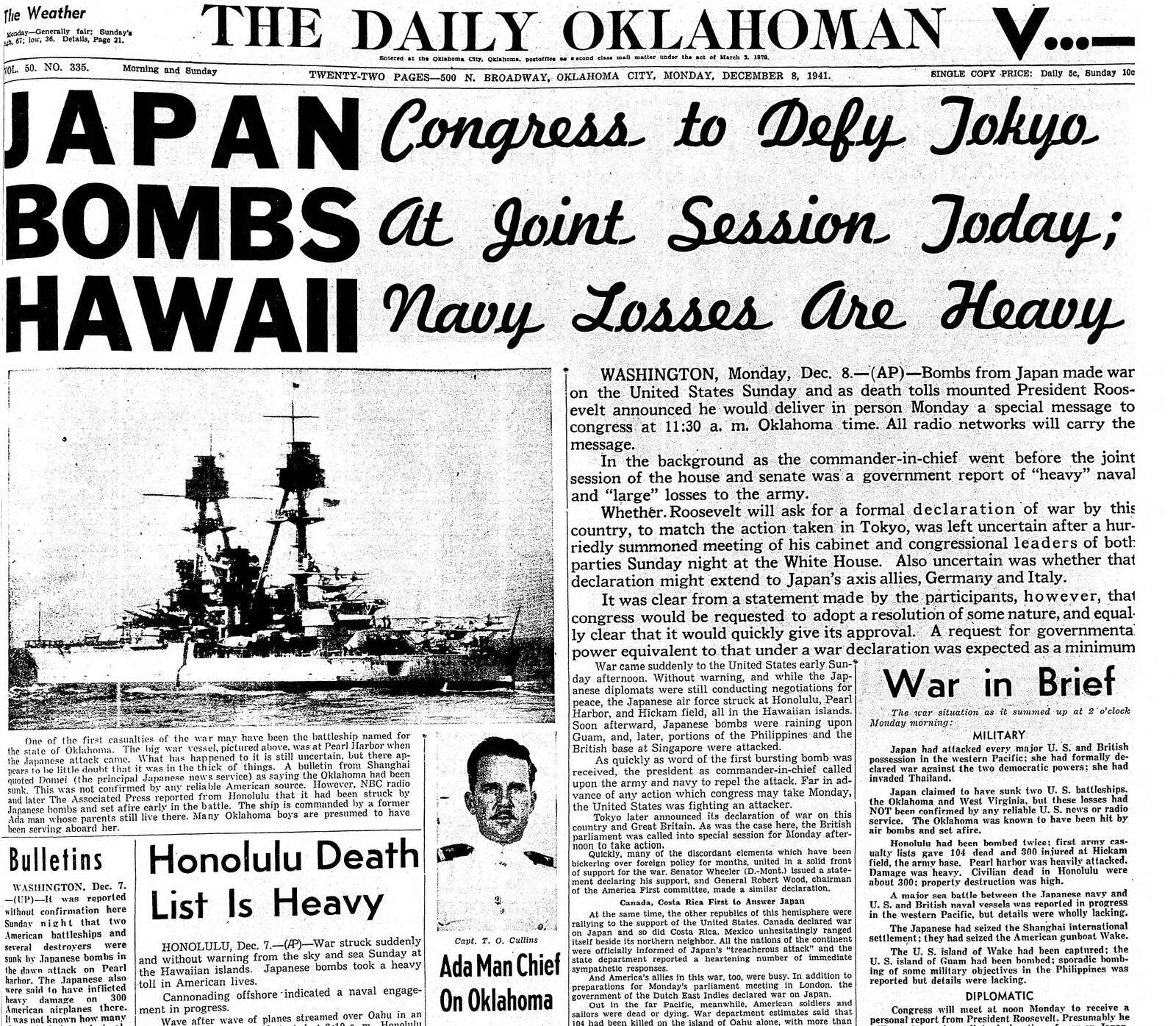 The front page from The Daily Oklahoman, Oklahoma City, Oklahoma, on December 8, 1941.