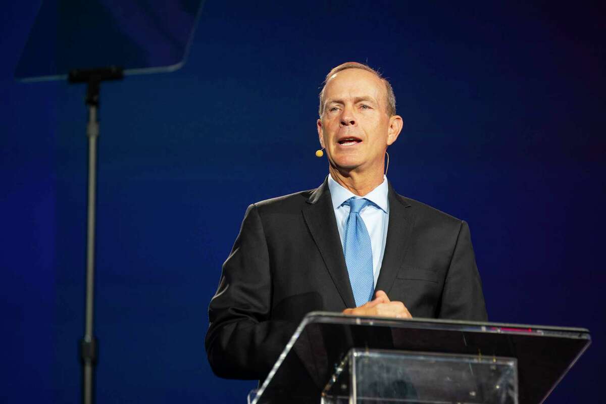 Chevron CEO Mike Wirth speaks on the first day of the World Petroleum Congress on Monday, Dec. 6, 2021, at the George R Brown Convention Center in Houston.