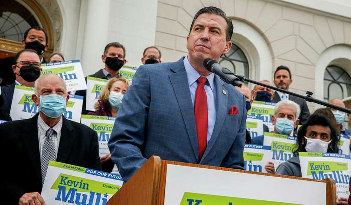 Kevin Mullin addresses a crowd at a press conference after being endorsed by retiring Rep. Jackie Speier to replace her in Congress while at South San Francisco City Hall on Dec. 6, 2021.
