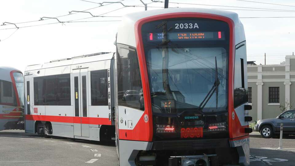 The back of a new two-car Muni train is seen on the N-Judah line on Thursday. The new train’s features includes reconfigured seats with lower heights and butt divots.