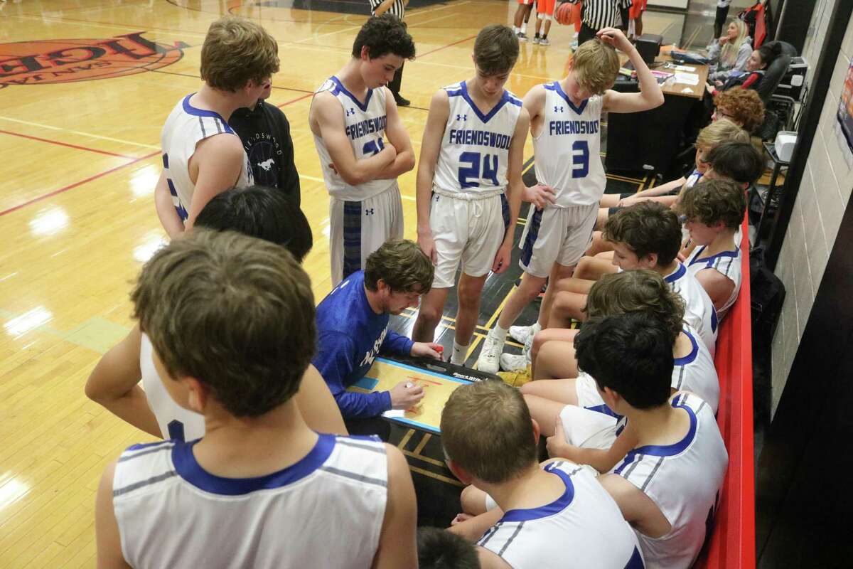 A Friendswood Junior High coach draws up a play during Friday night action of the San Jacinto Invitational.