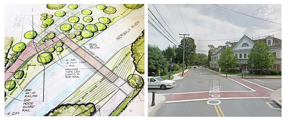 The propsed Wilton Center/Train Station pedestrian bridge, left, was designed years ago but could not be built due to a lack of funds. Streetscape improvements, right, were completed in Wilton Center in 2016. Wilton Center is a focus of the Plan of Conservation and Development, the first draft of which was unveiled Sept. 26, 2018.