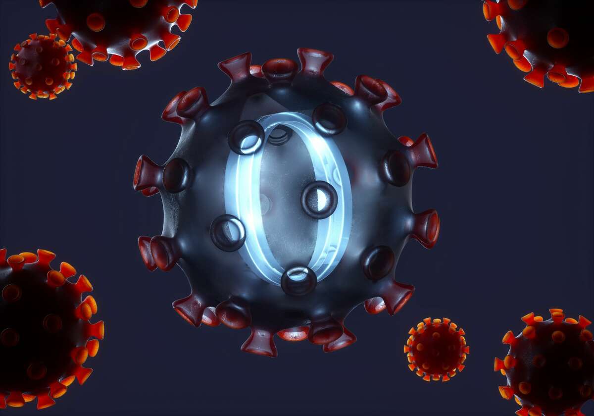 A digitally generated image of a semi-transparent red coronavirus cell with a blue glowing omicron sign inside. 