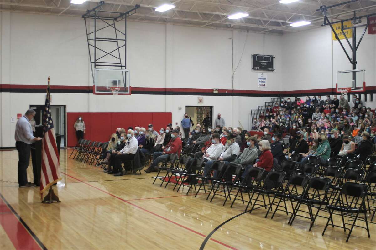 Bear Lake teacher Jeff Harthun speaks to veterans and their families, students and staff on Tuesday morning during the school's ceremony to honor U.S. military veterans.