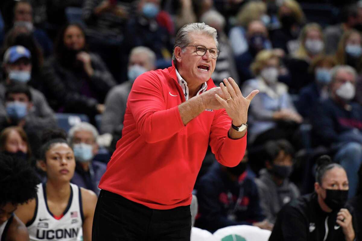 Connecticut head coach Geno Auriemma in the first half of an NCAA college basketball game, Sunday, Dec. 5, 2021, in Storrs, Conn. (AP Photo/Jessica Hill)