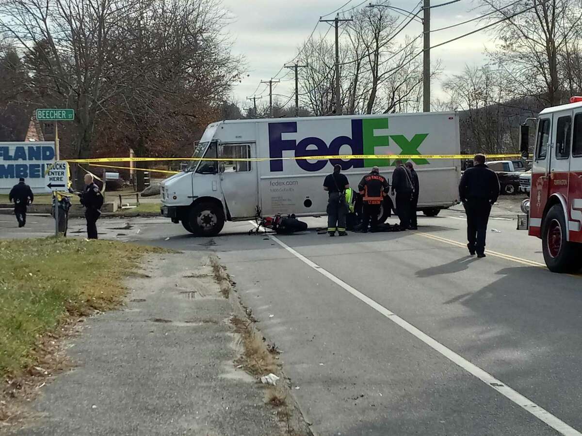 A motorcyclist collided with a FedEx truck on South Main Street, Torrington, at about 12:30 p.m. Tuesday. The accident is under investigation.