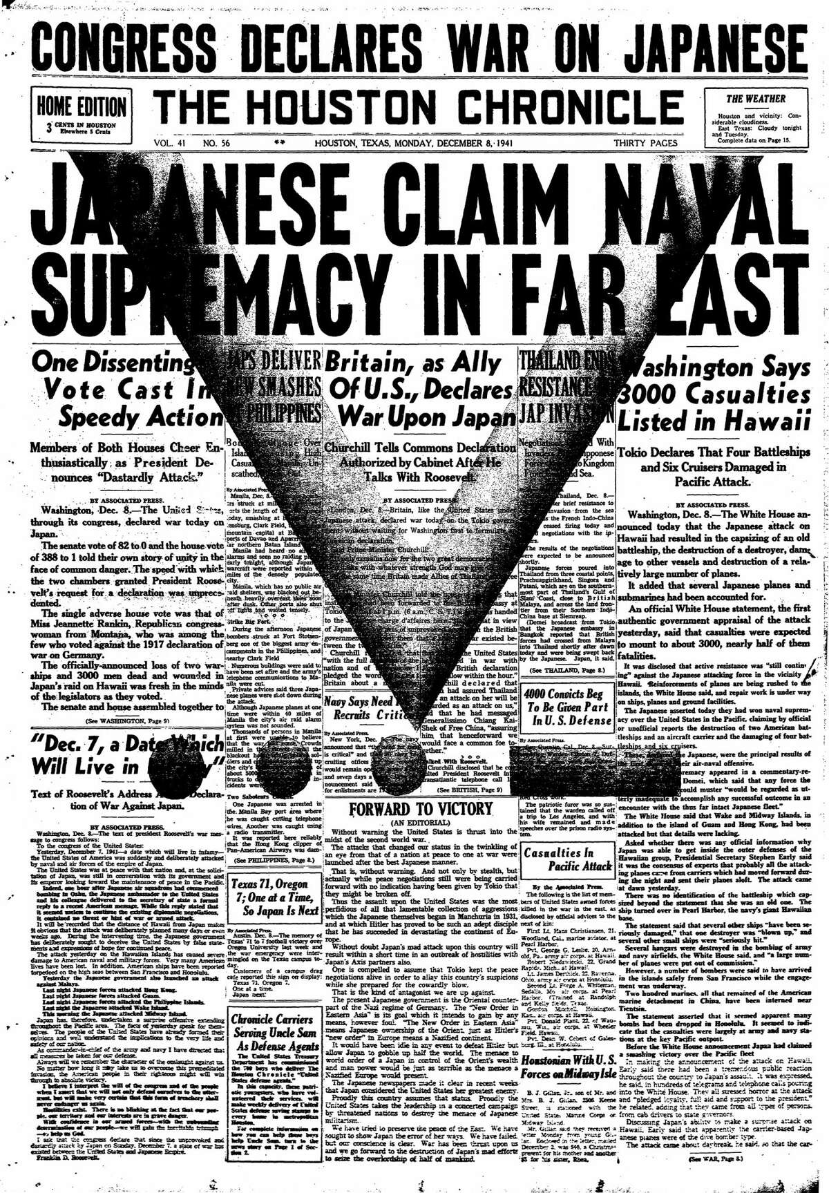 Houston Chronicle front page from Dec. 8, 1941.