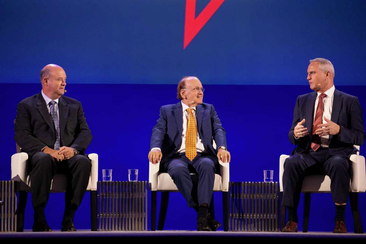 The “Shaping the Energy Future” panel includes speakers Ryan Lance, of ConocoPhillips, from left, Daniel Yergin, of IHS Markit, and Mark Little, of Suncor Energy Inc., on the second day of World Petroleum Congress Tuesday, Dec. 7, 2021, at George R. Brown Convention Center in Houston.
