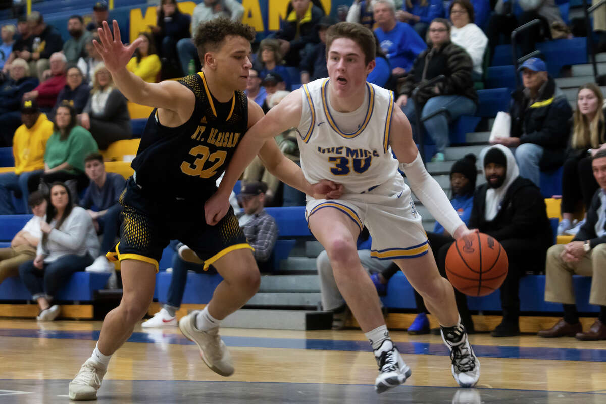 Midland's Drew Barrie dribbles down the court during the Chemics' game against Mt. Pleasant Tuesday, Dec. 7, 2021 at Midland High School.