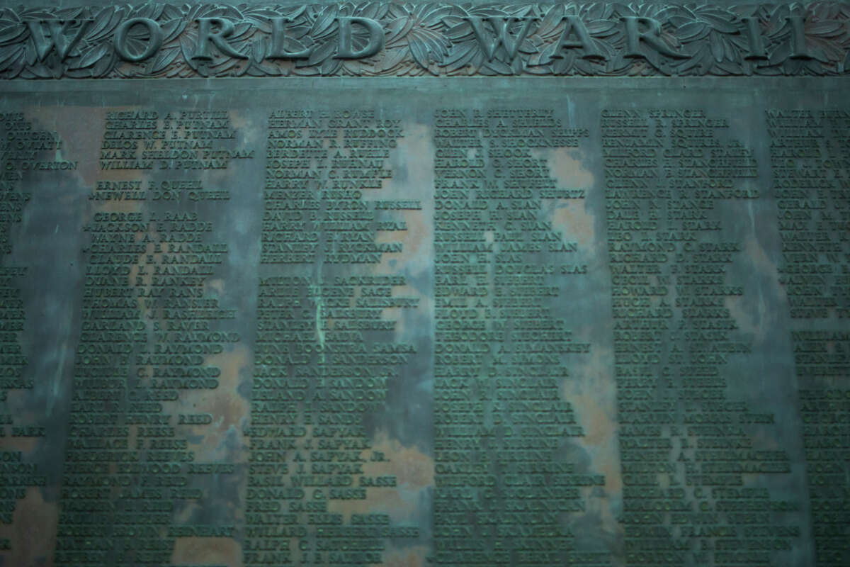 The Veterans Memorial in downtown Midland features the names of local soldiers who fought in World War II.