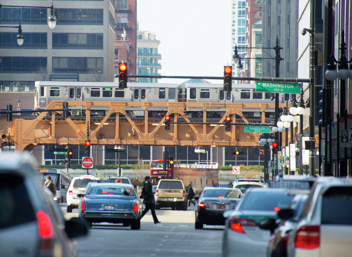 Chicago street scene with elevated train.