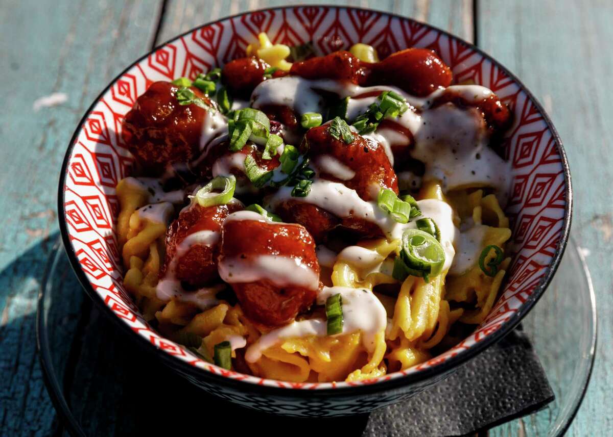 The BBQ Chick-N and macaroni bowl is served up at HASH Vegan Eats in San Antonio, Texas. The vegan bowl is made with barbecue cauliflower bites.