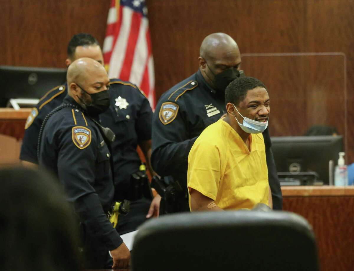Jeremiah Williams, accused of sexually assaulting a guard at the Harris County Jail, appears in the 248th District Court on two counts of aggravated sexual assault Wednesday, Dec. 8, 2021, in Houston.