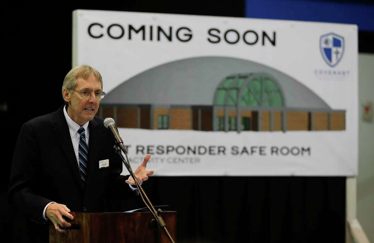 Glenn Slater, head administrator at Covenant Christian School, speaks during an event awarding a $3 million FEMA grant to Covenant Christian School to help build a hurricane safe room on campus in 2020 in Conroe. Montgomery County commissioners approved a land lease agreement with Covenant Christian for a multi million-dollar hurricane safe room with a grant from the Federal Emergency Management Agency.