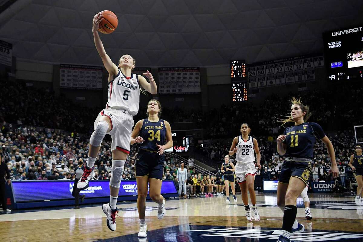 UConn’s Paige Bueckers goes up for a basket in the second half of an NCAA college basketball game against Notre Dame on Sunday.
