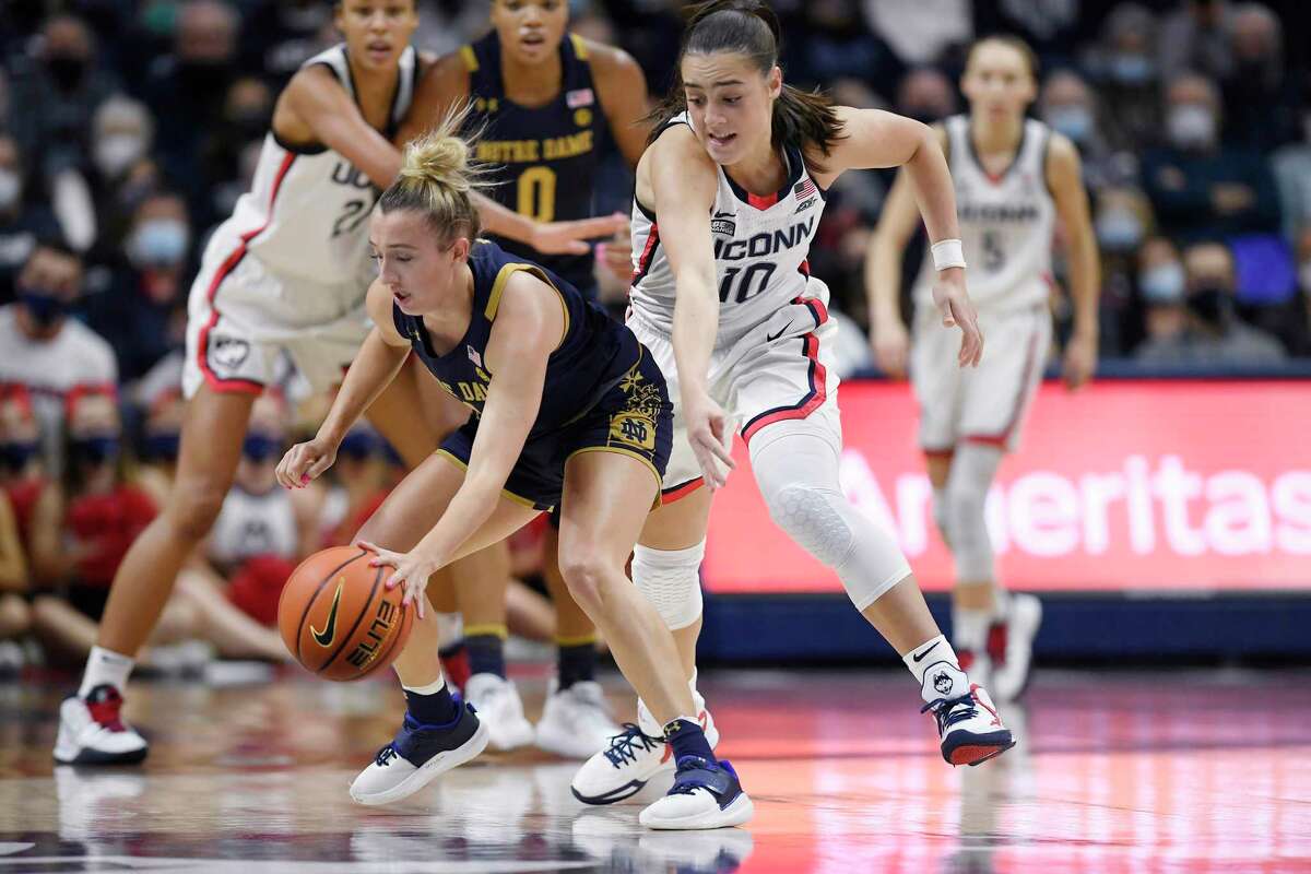 Connecticut's Nika Mühl, right, pressures Notre Dame's Dara Mabrey, left, in the first half of an NCAA college basketball game, Sunday, Dec. 5, 2021, in Storrs, Conn. (AP Photo/Jessica Hill)