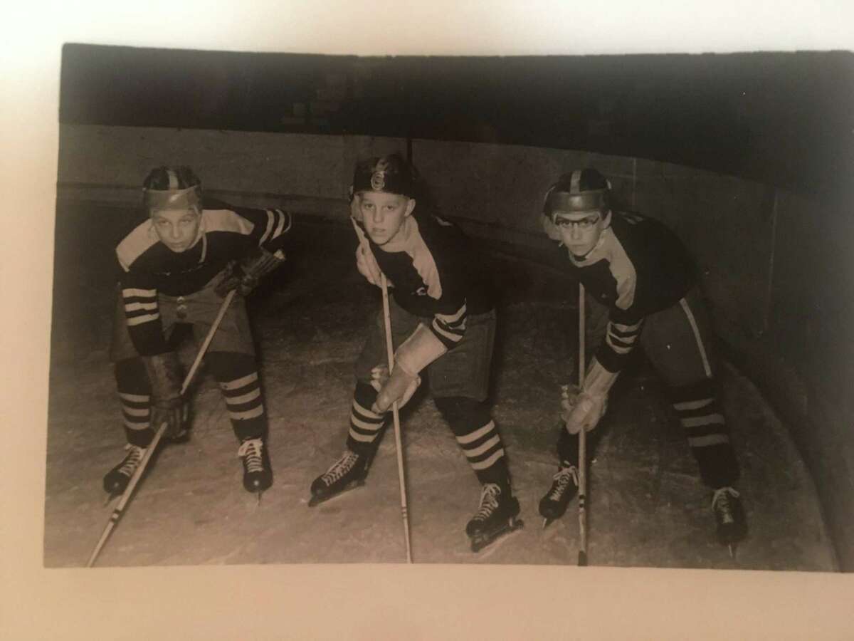 Linemates Robert Myers, Bill Hildebrand and Jack Barzee (left to right) of the New Haven Peewee Hockey All-Star team pose in 1955. Myers and Hildebrand went on to captain hockey teams at Cornell and Yale. Barzee on Thursday will receive the Lester Patrick Trophy for outstanding service to hockey in the United States.