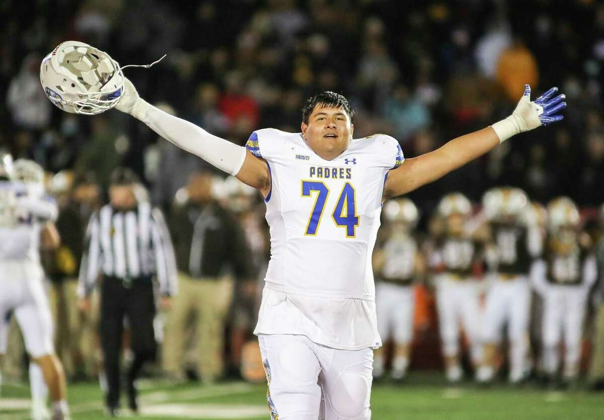 Serra 3-star offensive lineman Drew Azzopardi, who last month committed to San Diego State, celebrates the Padres' Central Coast Section title-game defeat of St. Francis.