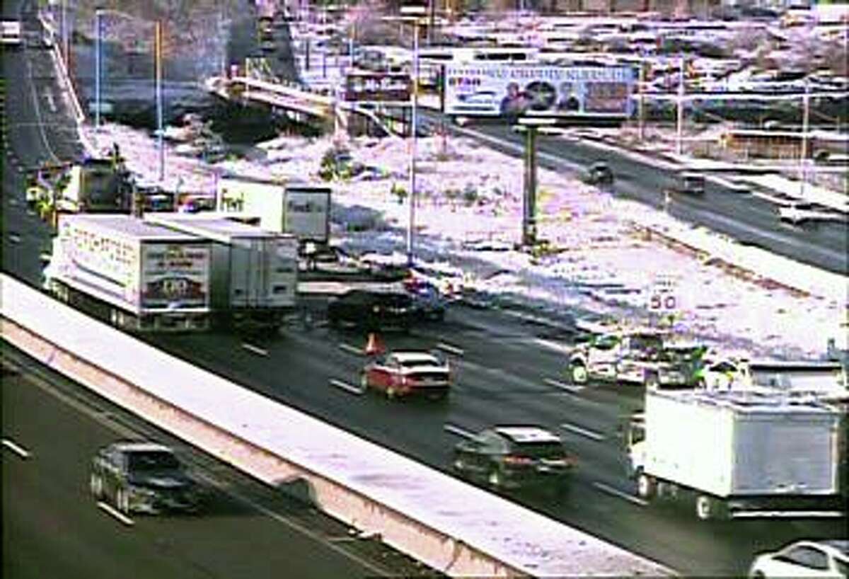Interstate 91 south is backed up Thursday, Dec. 9, 2021, after a crash reported shortly after 6 a.m. in New Haven, Conn.