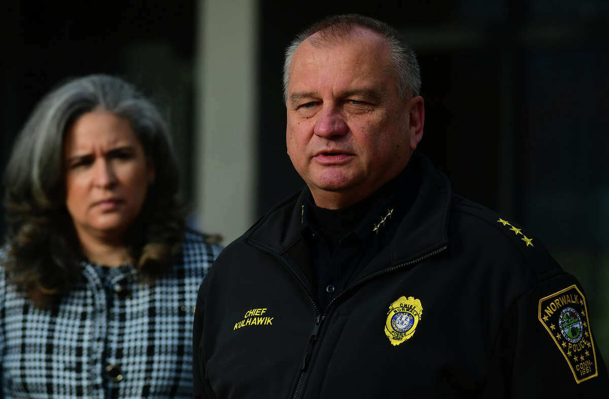 Police Chief Thomas Kulhawik during a press conference at Norwalk High School Thursday, December 9, 2021. The chief on Tuesday announced his retirement from the department after 10 years as its head and nearly four decades a member of the department.