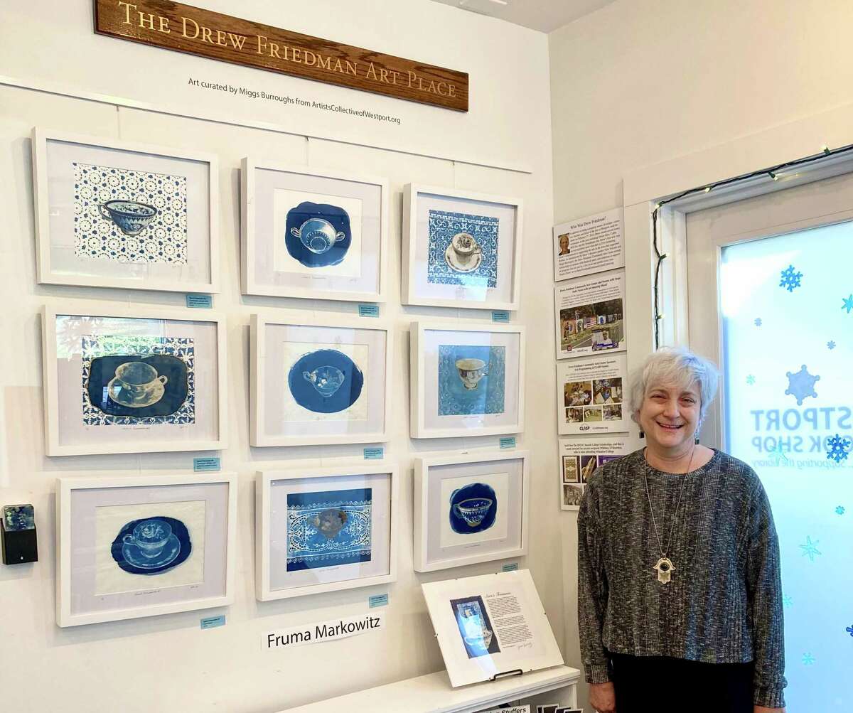 The Westport Book Shop has welcomed photographer, Fruma Markowitz, as its December guest art exhibitor for the month, in the Book Shop’s Drew Friedman Art Place. Fruma is exhibiting part of an ongoing project entitled “Sara’s Trousseau,” with an installation of nine cyanotype prints, and collages using photographic images, that she previously made of non-matching tea cups. Fruma is previously shown in the Art Place portion of the Book Shop with her artwork. The Book Shop, and the Art Place, are located at 23 Jesup Road, across Jesup Green from the Westport Library in downtown Westport.