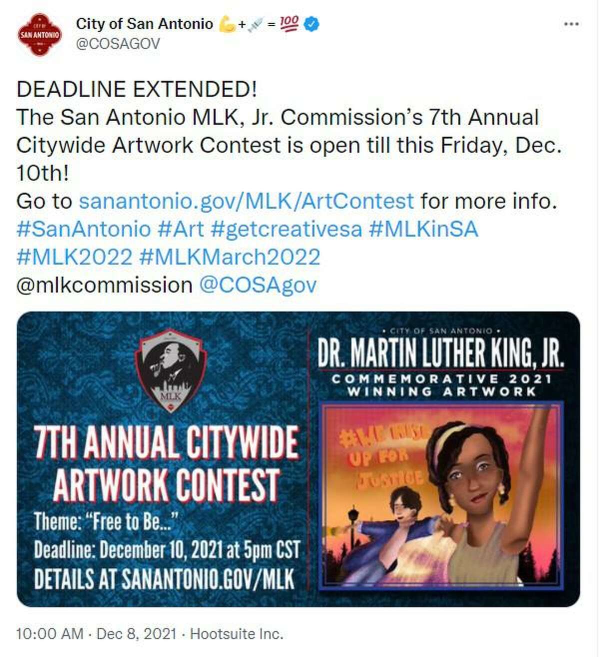 The deadline for the San Antonio MLK, Jr. Commission’s art contest is extended to Friday, Dec. 10.