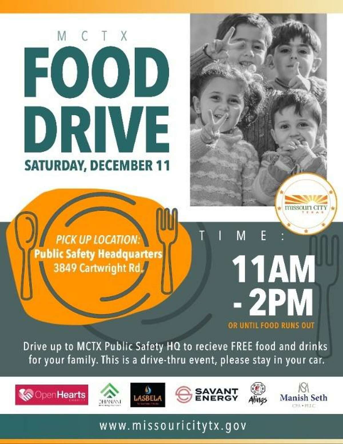 The MCTX Food Drive will distribute free food and drinks to Missouri City residents on Saturday, Dec. 11, at the city’s Public Safety Headquarters.
