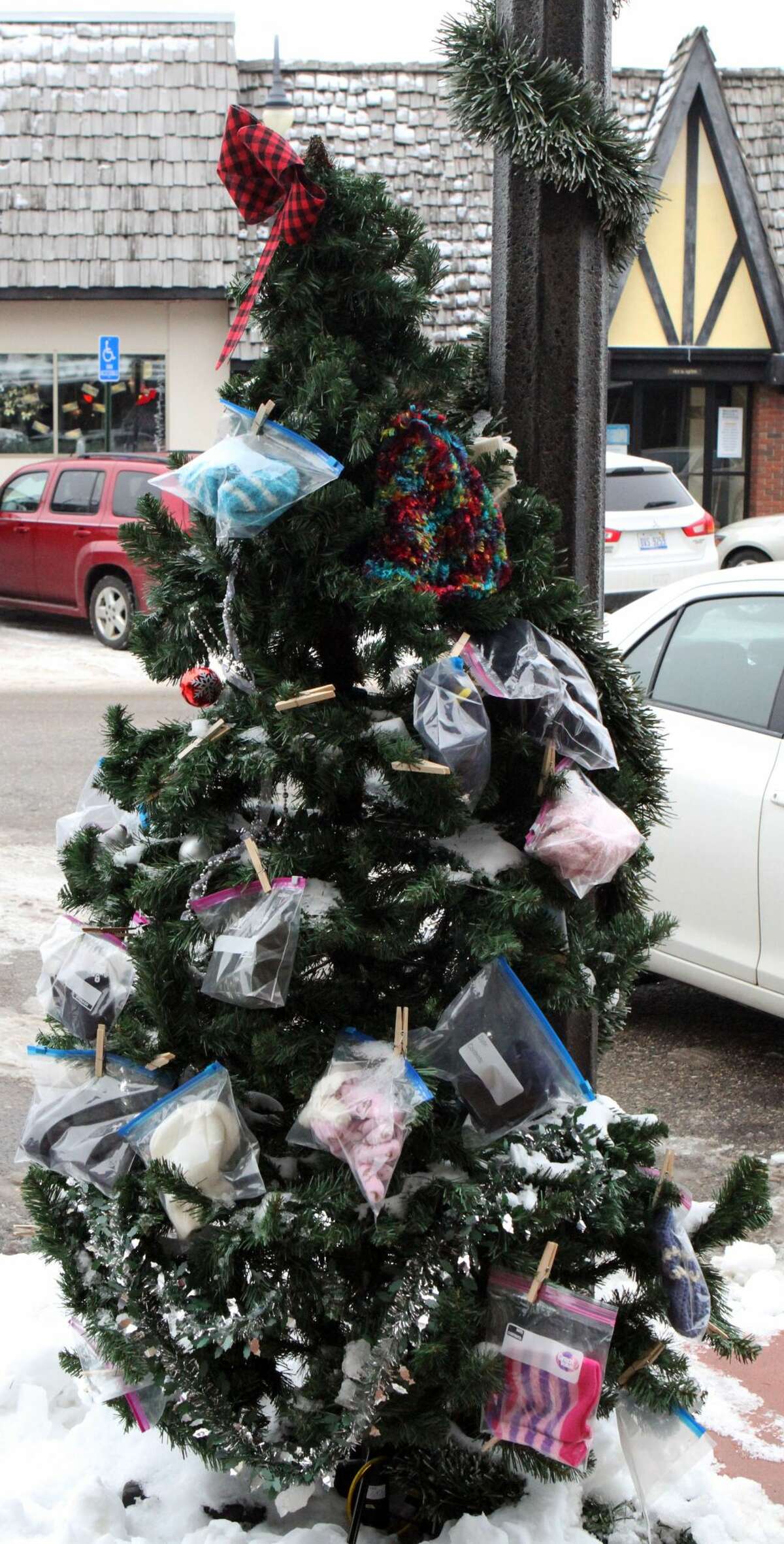 Located in front of Sunny's Bar and Grill in downtown Reed City, this Christmas giving tree has been a place for locals to both give and receive much-needed gifts, such as hats and coats.
