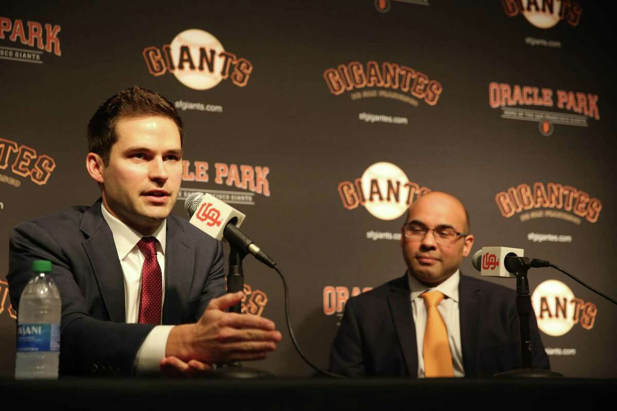San Francisco Giants' new general manager Scott Harris (l to r) speaks during a news conference with president of baseball operations Farhan Zaidi in the Nick Peters Media Interview Room at Oracle Park on Monday, November 11, 2019 in San Francisco, Calif.