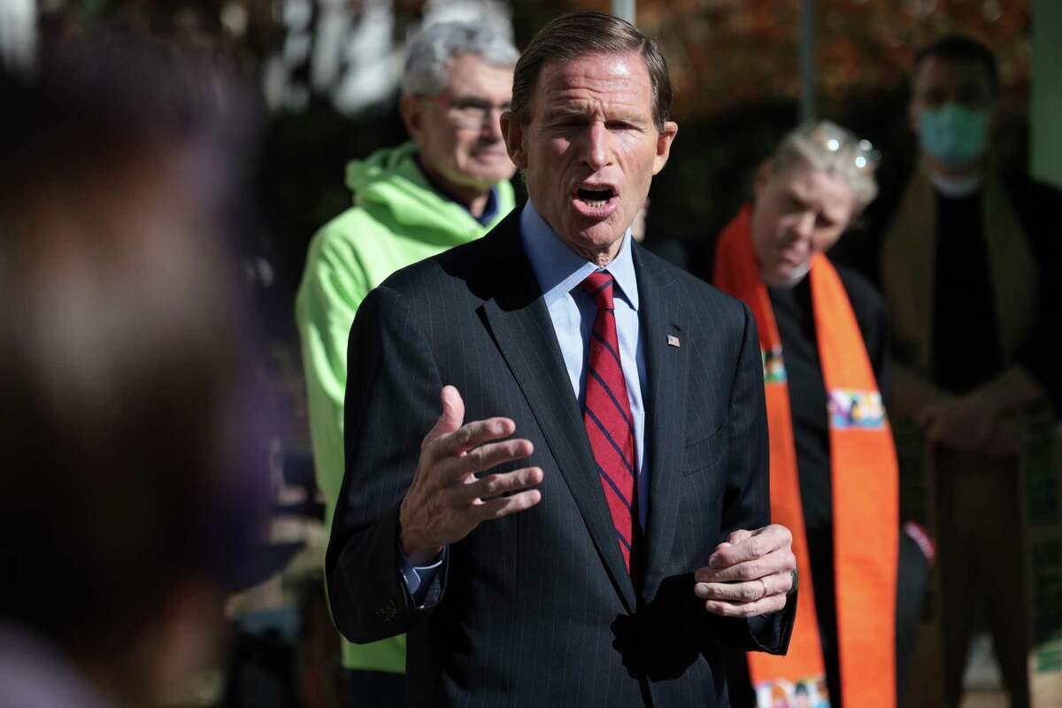 WASHINGTON, DC - NOVEMBER 16: Sen. Richard Blumenthal (D-CT) speaks during a “Swords to Plowshares” event near the U.S. Capitol November 16, 2021 in Washington, DC. The “Swords to Plowshares” initiative aims to convert firearms into gardening tools where the repurposed guns purchased through buyback programs are then “donated to community gardens, agricultural high schools, and youth violence prevention programs”. (Photo by Win McNamee/Getty Images)