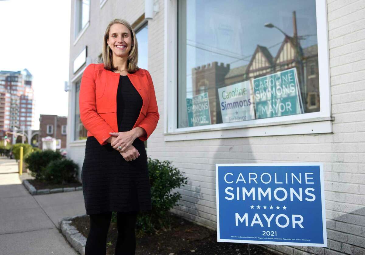 Stamford Mayor Caroline Simmons poses outside her campaign headquarters in Stamford, Conn. Thursday, Nov. 4, 2021.