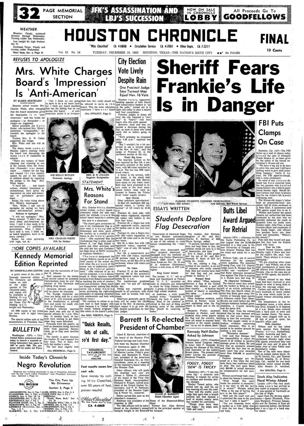 Houston Chronicle front page from Dec. 10, 1963.