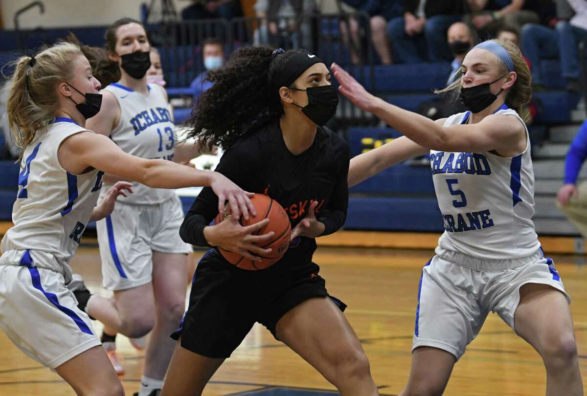 Catskill’s Janay Brantley drives to the hoop during a basketball game against Ichabod Crane on Thursday, Dec. 9, 2021 in Valatie, N.Y.