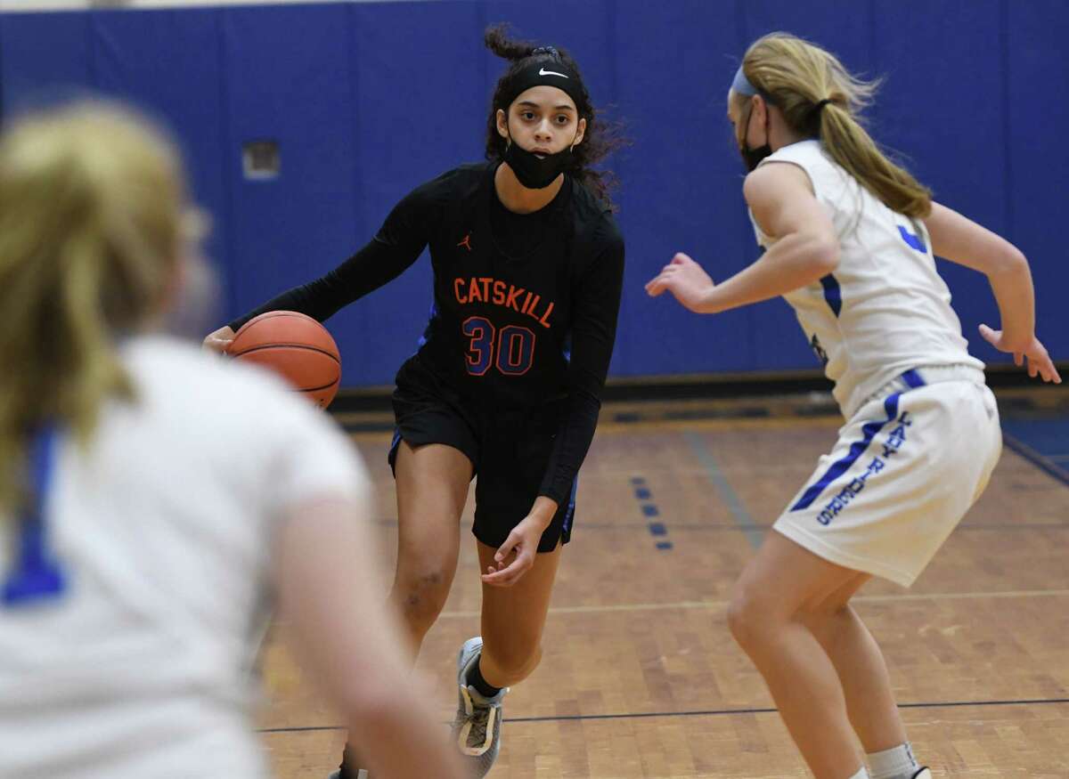 Catskill’s Janay Brantley takes the ball down the court during a basketball game against Ichabod Crane on Thursday, Dec. 9, 2021 in Valatie, N.Y.