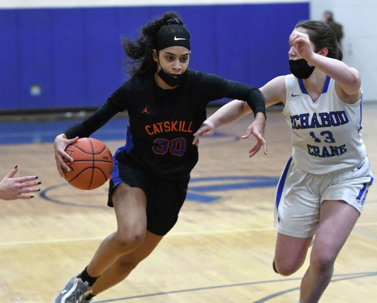 Catskill’s Janay Brantley drives to the hoop during a game against Ichabod on Dec. 9, 2021. She has a streak of three straight triple-doubles.