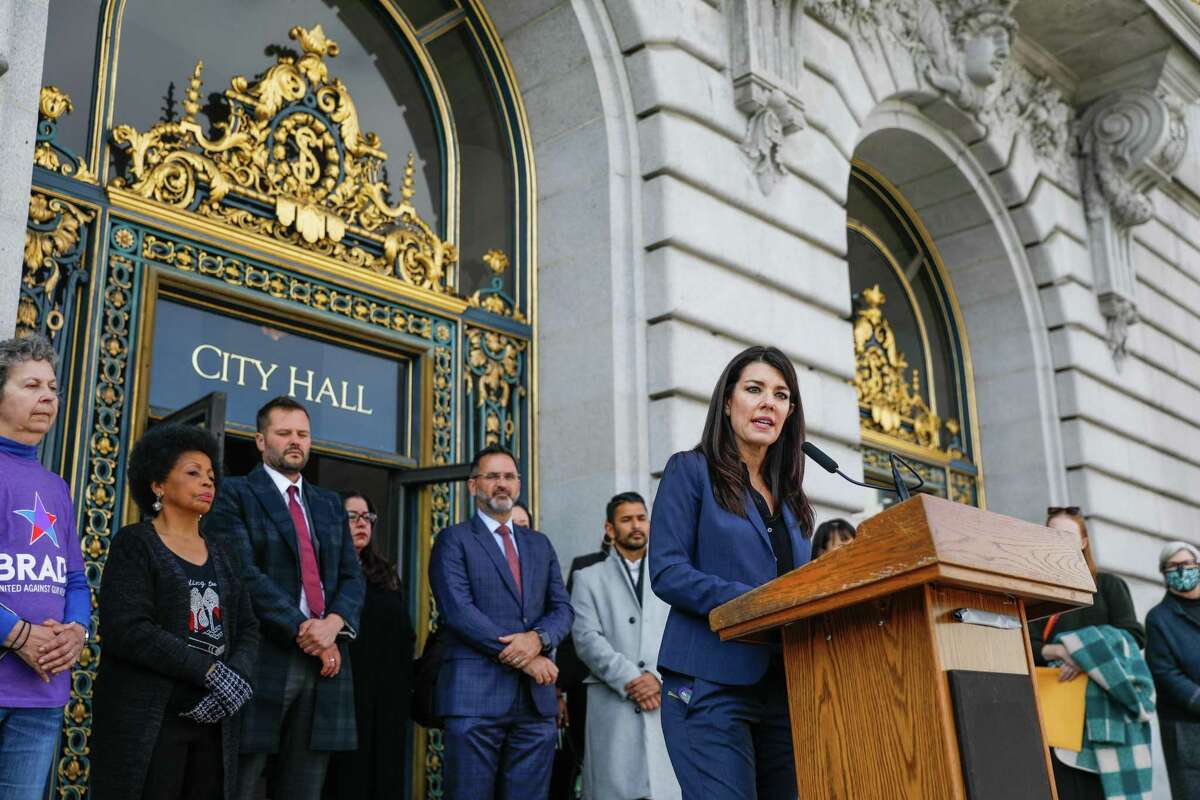 San Francisco Supervisor Catherine Stefani speaks during a press conference on Nov. 16 to introduce an initiative for the June 2022 ballot that would create an office of support for domestic violence survivors.