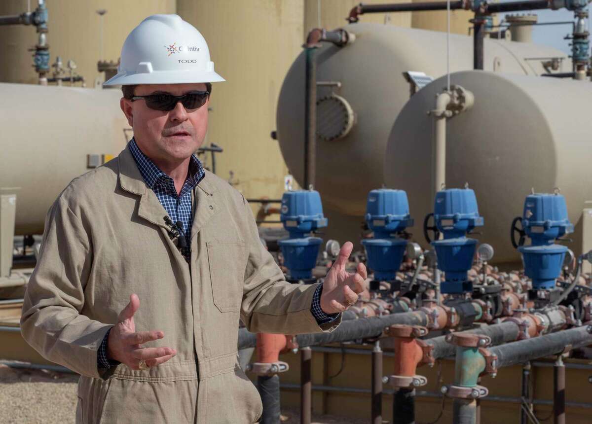 Todd Staples, president of Texas Oil and Gas Association, talks about winterization techniques companies are utilizing 12/08/2021 at a Diamondback Energy tank battery facilities off Briarwood Ave.. Tim Fischer/Reporter-Telegram