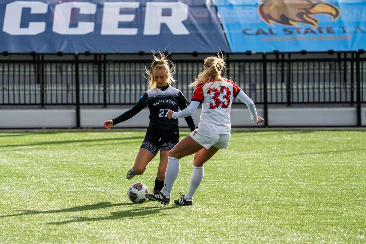 Ryleigh Hopeck kicks the ball in a Division II NCAA Tournament semifinal against Dallas Baptist University. She scored one of Saint Rose's two goals. The Golden Knights play Grand Valley State for the title on Saturday.