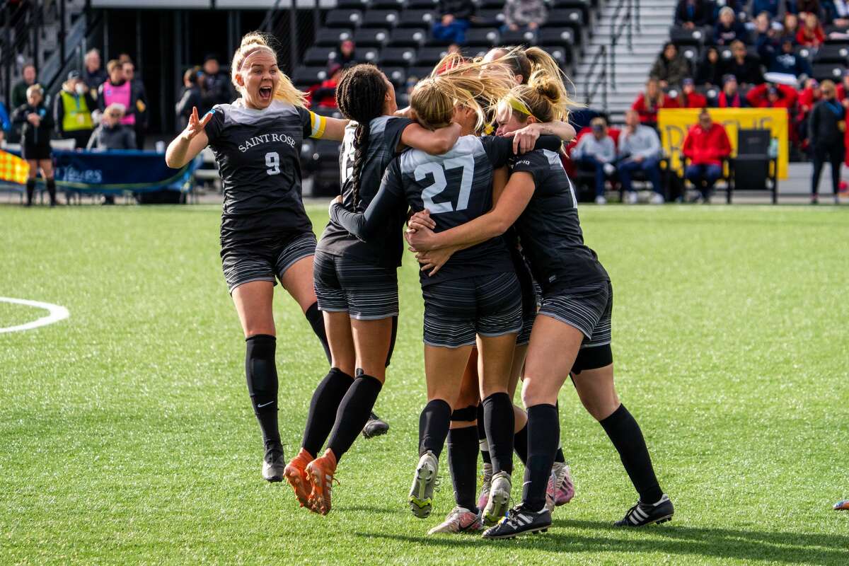 The Golden Knights celebrate during a Division II NCAA Tournament semifinal against Dallas Baptist University. They play Grand Valley State for the title on Saturday.