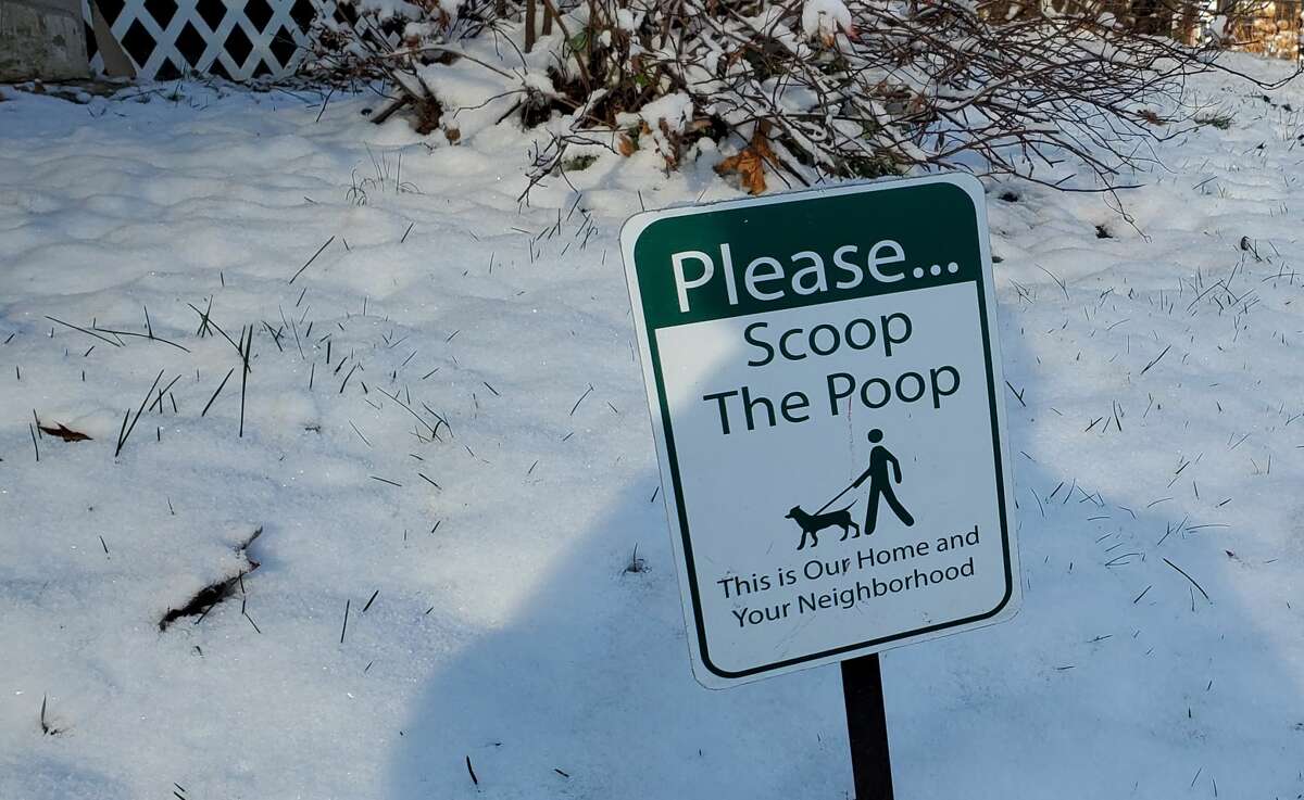 A "scoop the poop" sign in a yard in Troy.