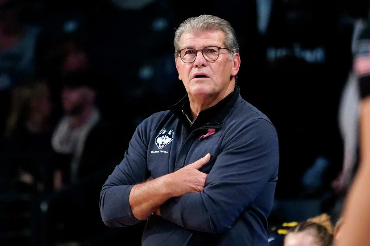 UConn Geno Auriemma, seen here during a 2021 game, watched his Huskies beat Providence on Sunday night.