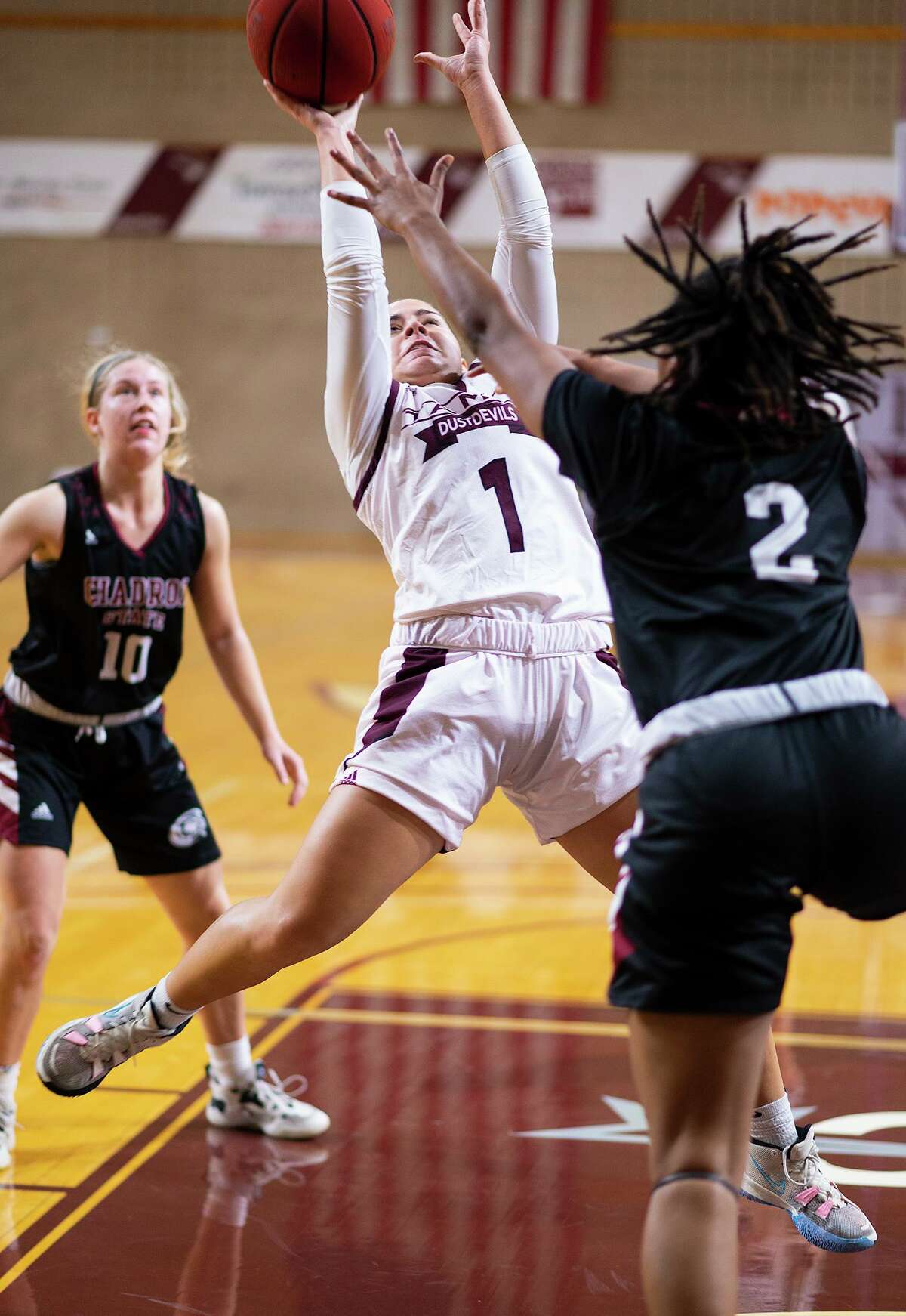 In this file photo, TAMIU’s Evelyn Quiroz takes a last second shot during a game against Chardon State University, Saturday, Nov. 13, 2021, at the TAMIU KCB.