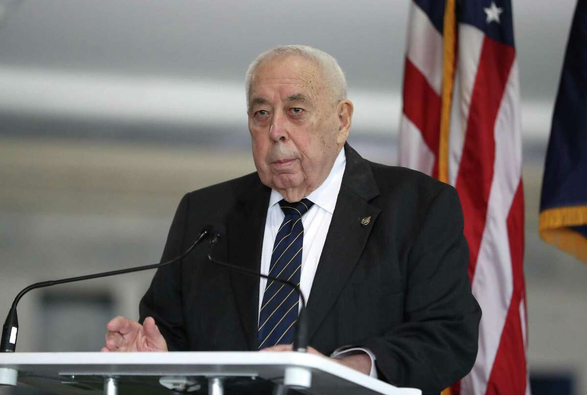 George W.S. Abbey, former director of the Johnson Space Center, speaks to family and friends during a ceremony to rename the Rocket Park at NASA's Johnson Space Center to George W.S. Abbey Rocket Park, Friday, Dec. 10, 2021 in Houston.