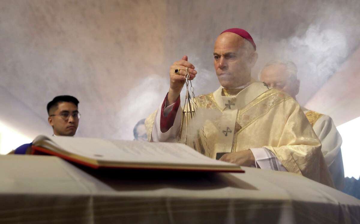 Archbishop of San Francisco, the Most Reverend Salvatore J. Cordileone leads the prayer of commendation during the funeral Mass of archbishop emeritus and Cardinal William Joseph Cardinal Levada at the Cathedral of Saint Mary on Thursday, Oct. 24, 2019, in San Francisco, Calif. Cordileone issued a statement praising the Supreme Court’s decision to overturn the constitutional right to an abortion.