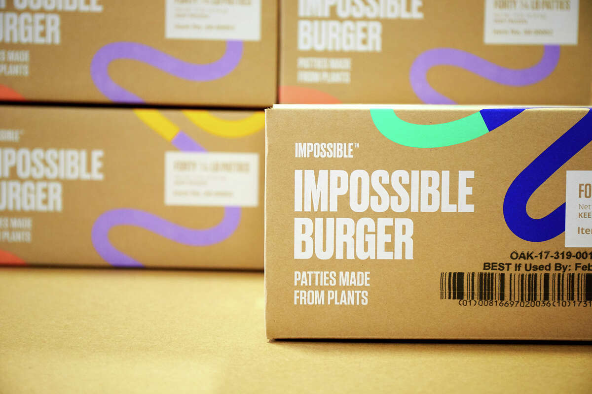 Boxes of Impossible Burger patties at the Oakland, Calif. manufacturing facility.